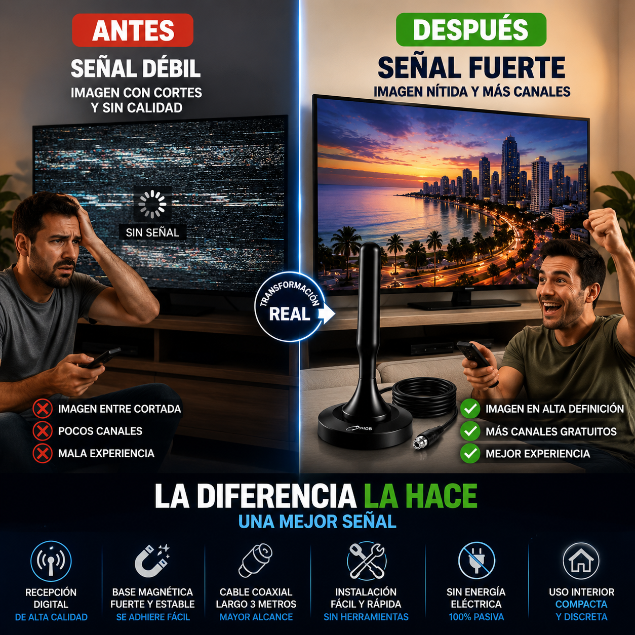 ANTENA DIGITAL TV HD CON BASE MAGNÉTICA – DISFRUTA CANALES LOCALES E INTERNACIONALES 📺⚡