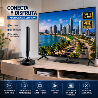 ANTENA DIGITAL TV HD CON BASE MAGNÉTICA – DISFRUTA CANALES LOCALES E INTERNACIONALES  📺⚡
