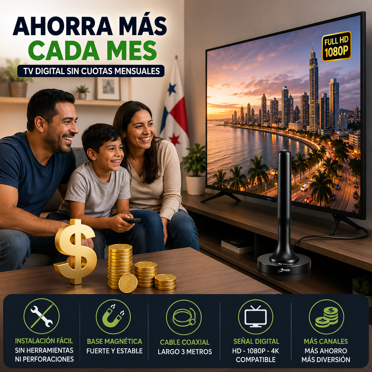 ANTENA DIGITAL TV HD CON BASE MAGNÉTICA – DISFRUTA CANALES LOCALES E INTERNACIONALES  📺⚡