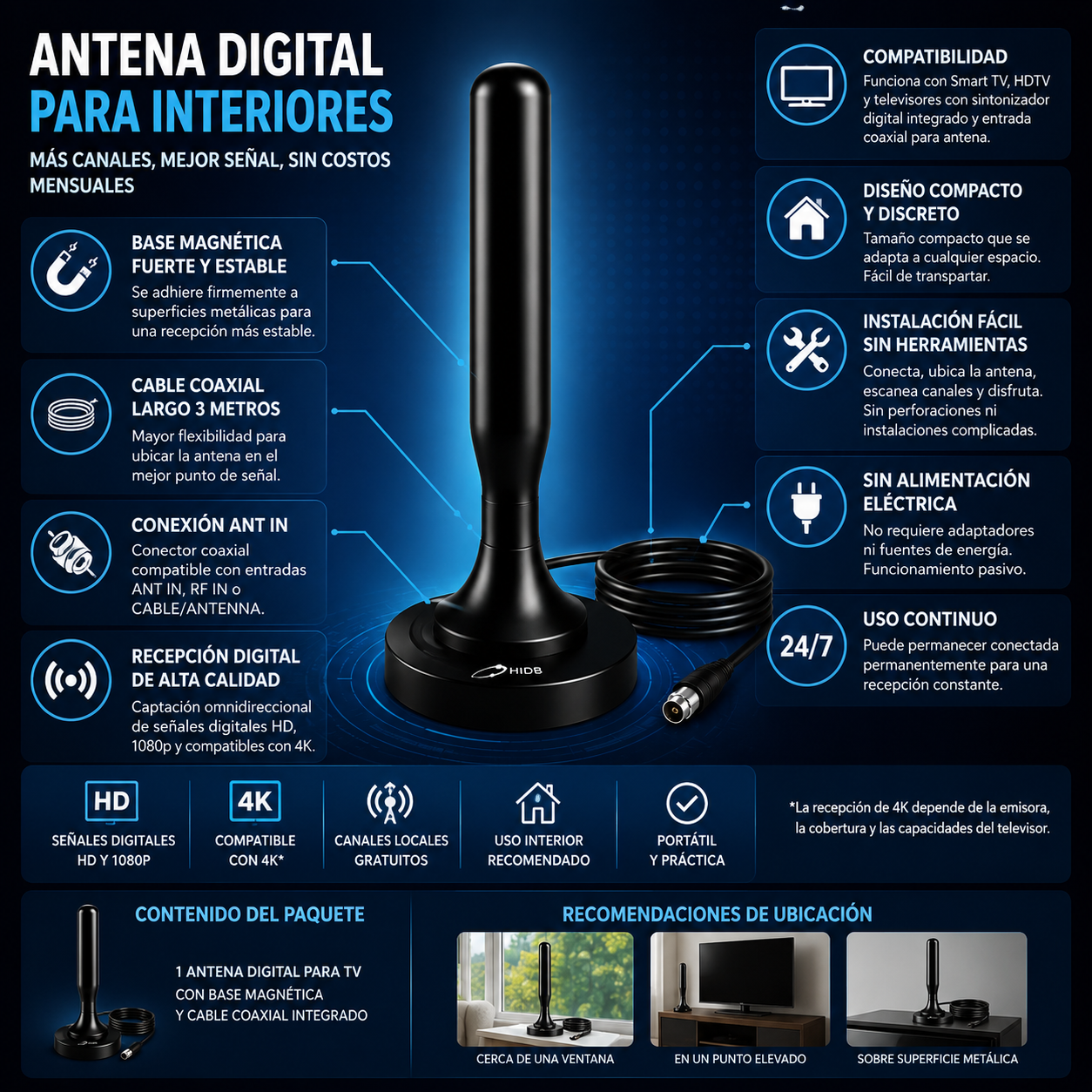 ANTENA DIGITAL TV HD CON BASE MAGNÉTICA – DISFRUTA CANALES LOCALES E INTERNACIONALES  📺⚡