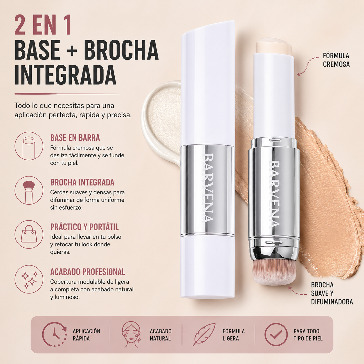 BASE KOREANA ZEPHOCO 2 EN 1 – TONO ADAPTABLE + BROCHA INTEGRADA 💄✨