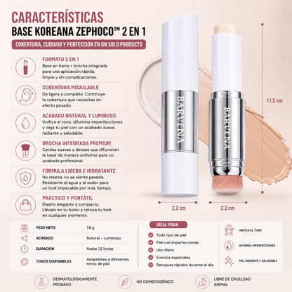 BASE KOREANA ZEPHOCO 2 EN 1 – TONO ADAPTABLE + BROCHA INTEGRADA 💄✨