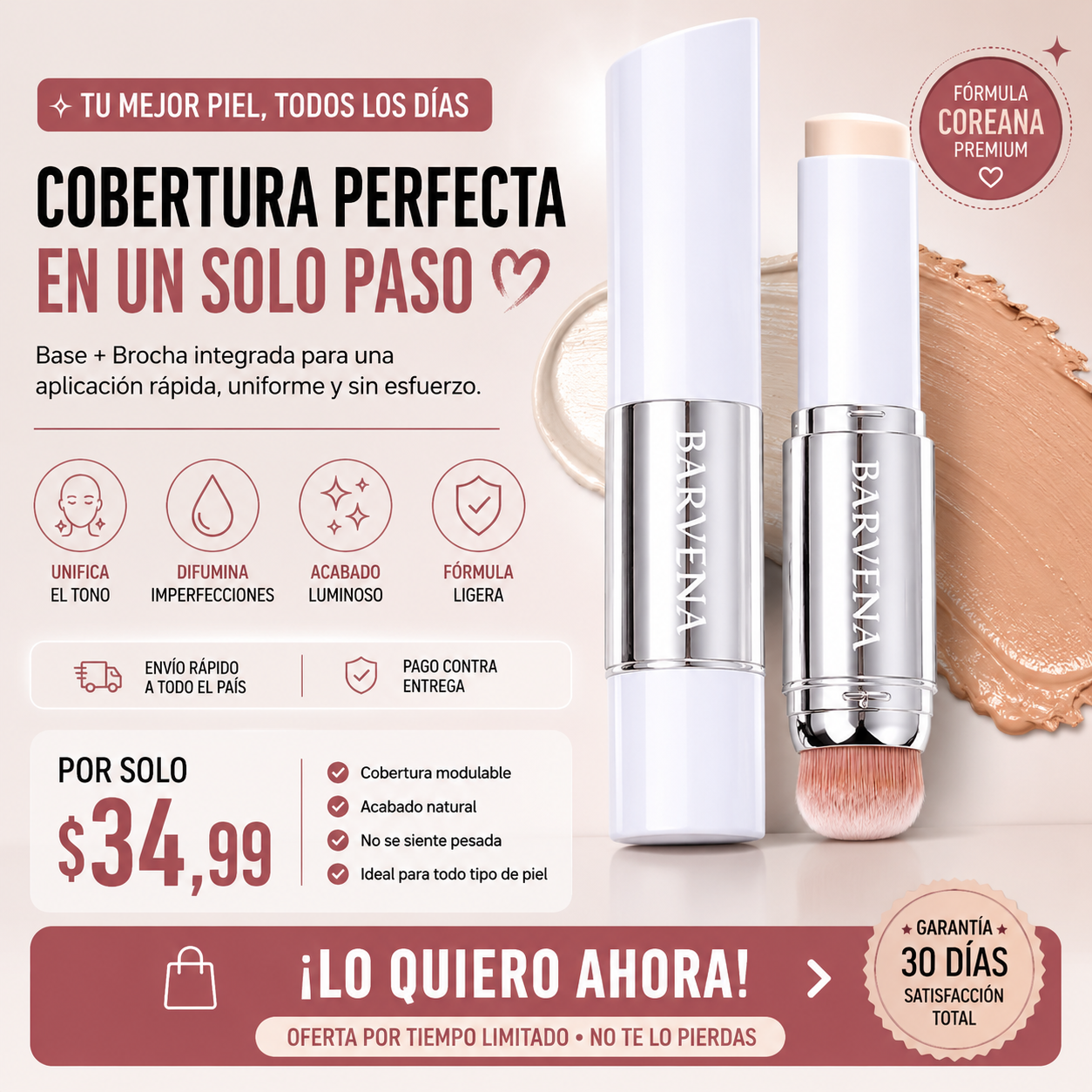 BASE KOREANA ZEPHOCO 2 EN 1 – TONO ADAPTABLE + BROCHA INTEGRADA 💄✨