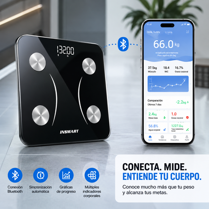 BÁSCULA INTELIGENTE – CONTROLA TU PESO, IMC Y PROGRESO DESDE EL CELULAR 📲⚖️