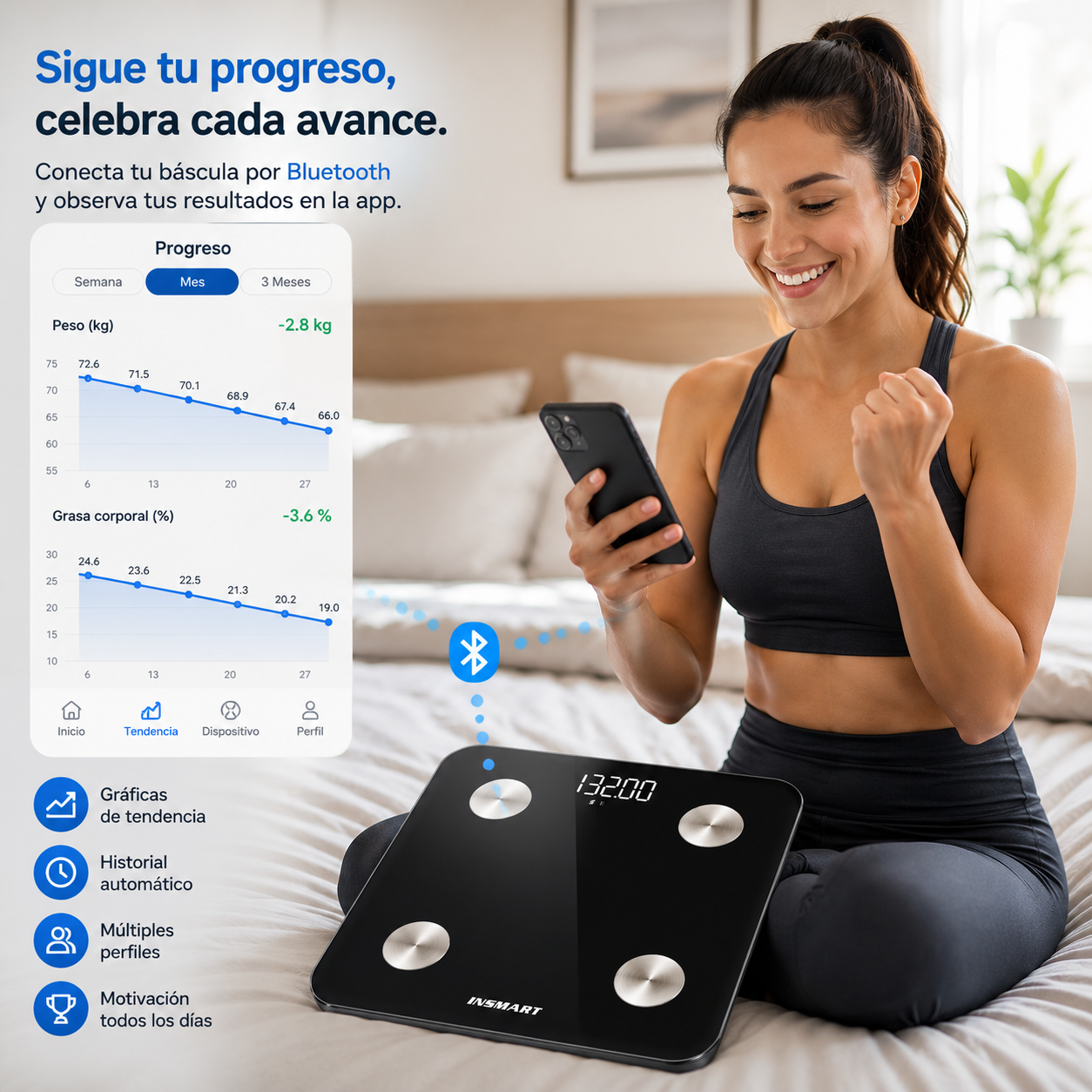 BÁSCULA INTELIGENTE – CONTROLA TU PESO, IMC Y PROGRESO DESDE EL CELULAR 📲⚖️