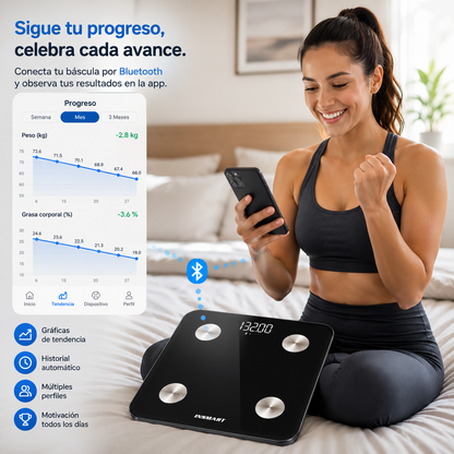 BÁSCULA INTELIGENTE – CONTROLA TU PESO, IMC Y PROGRESO DESDE EL CELULAR 📲⚖️