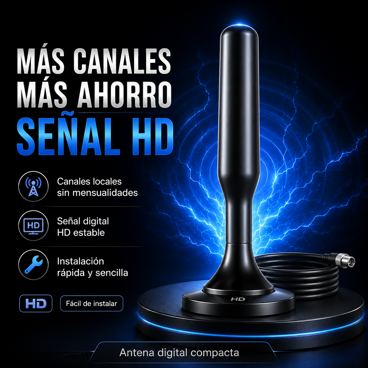 ANTENA DIGITAL TV HD CON BASE MAGNÉTICA – DISFRUTA CANALES LOCALES E INTERNACIONALES  📺⚡