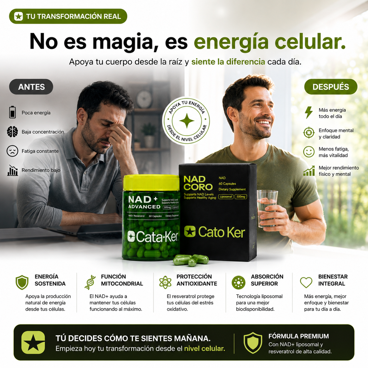 NAD ADVANCED CATA KOR + RESVERATROL | ENERGÍA CELULAR PREMIUM ⚡🧬